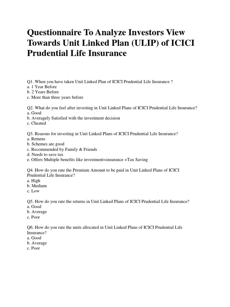 Questionnaire To Analyze Investors View Towards Unit Linked Plan | PDF