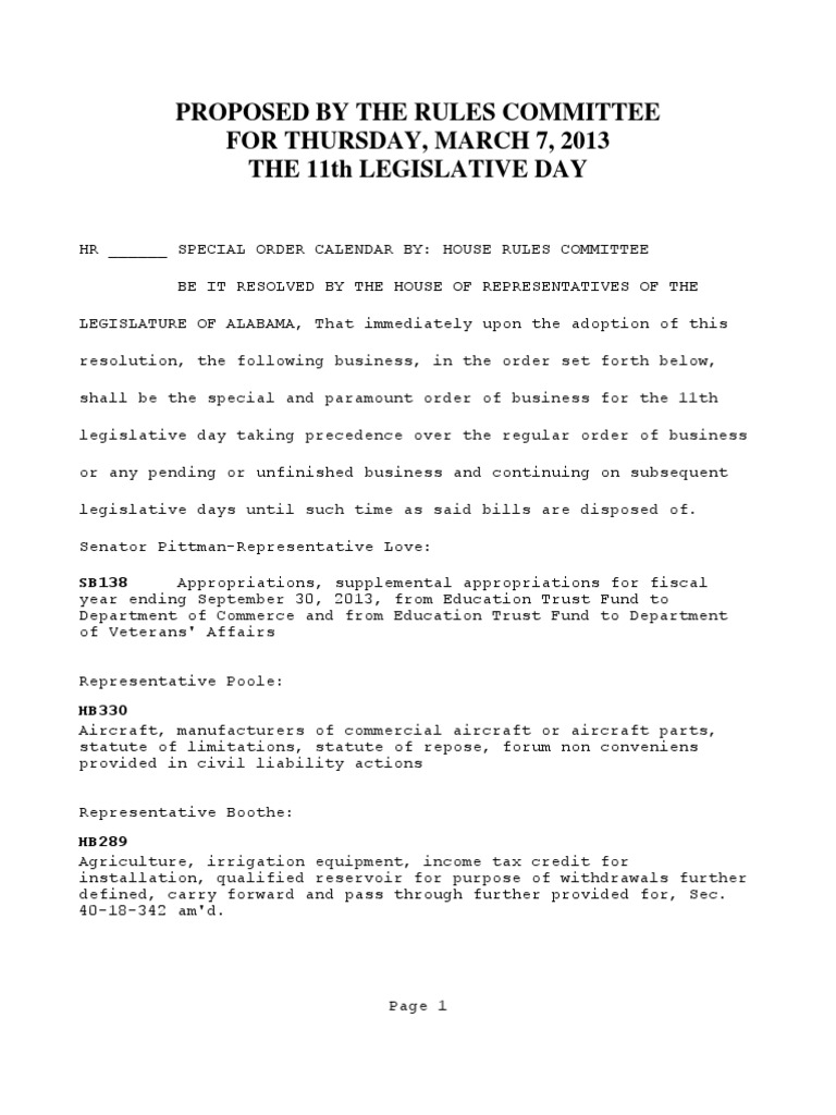 Special Order Calendar Cont 3 7 13 PDF Appropriation Law United