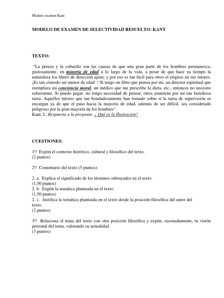 Modelo de examen sobre Kant | PDF | Immanuel Kant | Era de iluminacion
