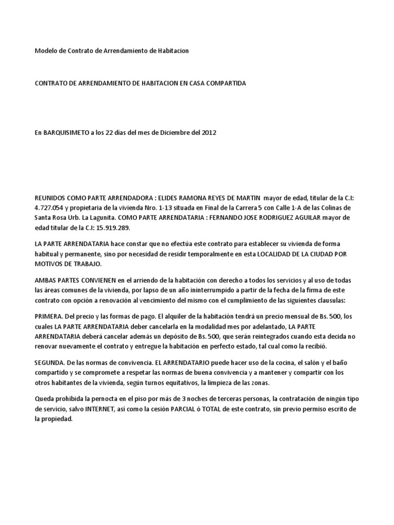Modelo de Contrato de Arrendamiento de Habitacion