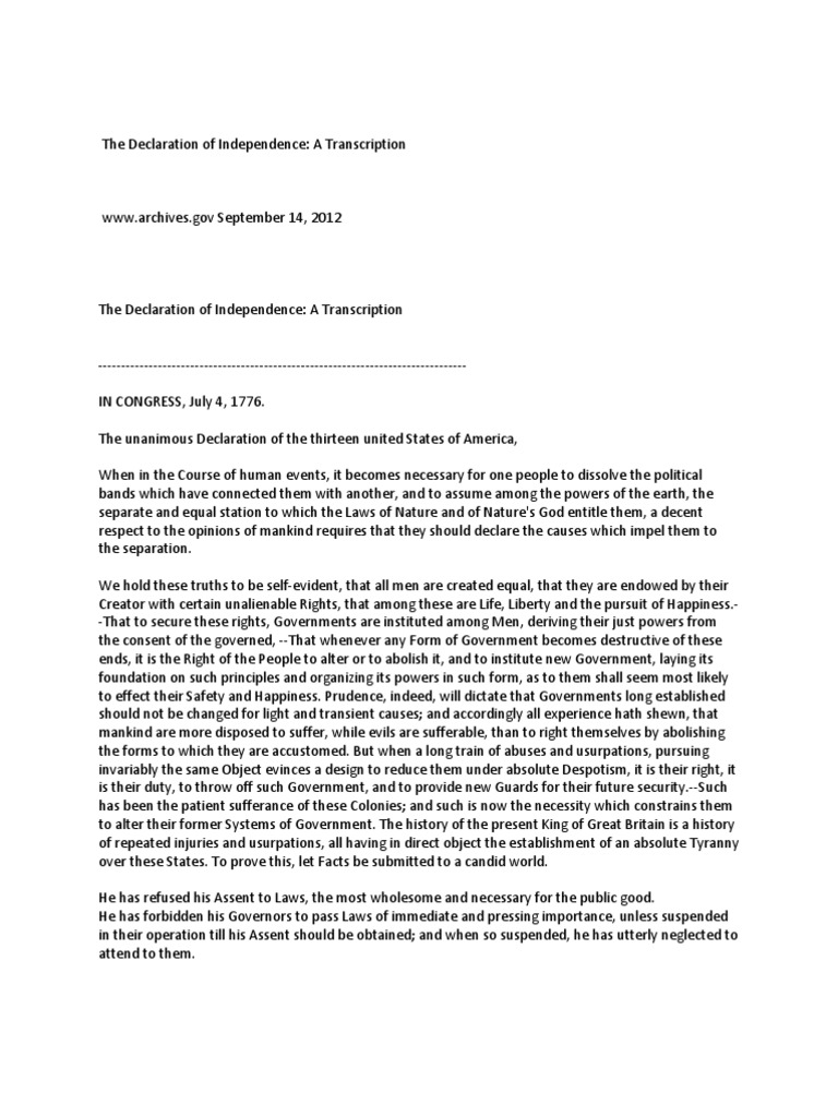 The Declaration of Independence A Transcription | PDF | Natural And ...