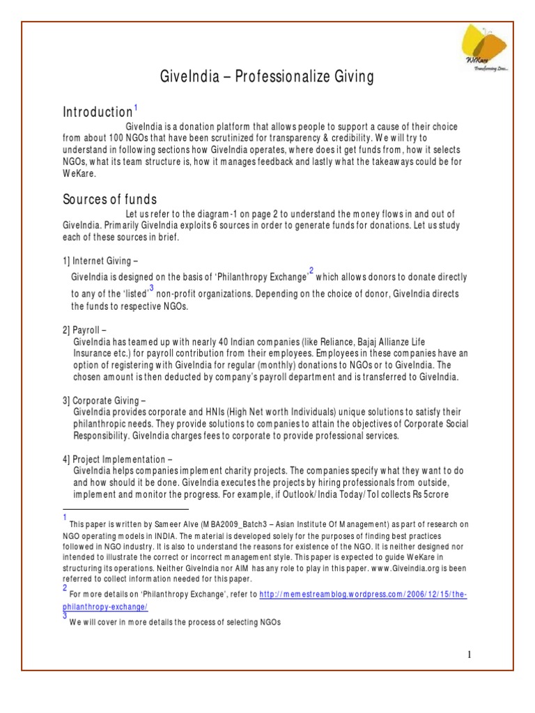 GiveIndia: Professionalizing Donations | PDF | Non Governmental ...