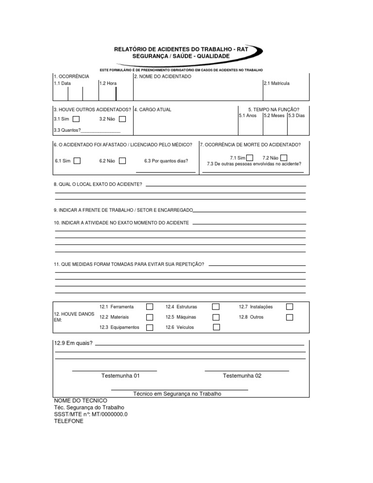 Relatório de Acidente de Trabalho (RAT) Acidente (Geral) Desastre e Acidente