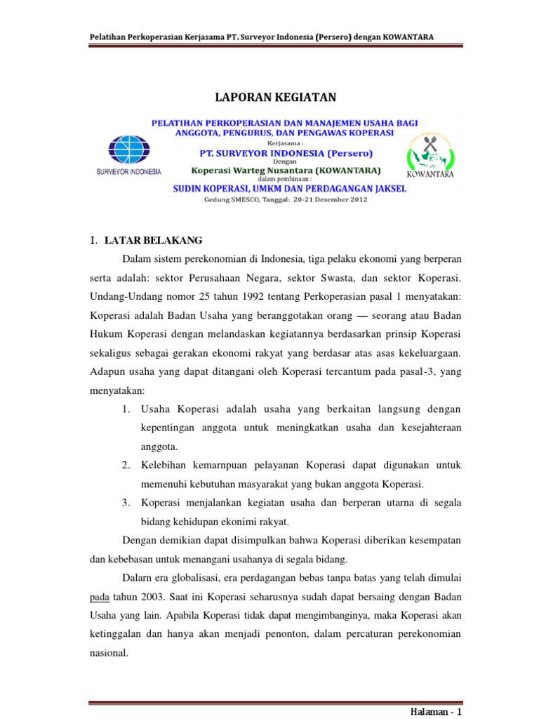 Contoh Laporan Kegiatan Pelatihan Koperasi