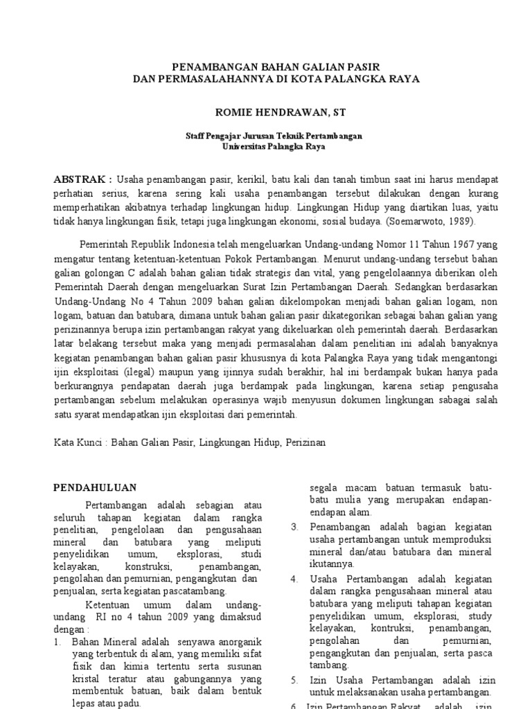 Penambangan Bahan Galian Pasir Dan Permasalahannya Di Kota 