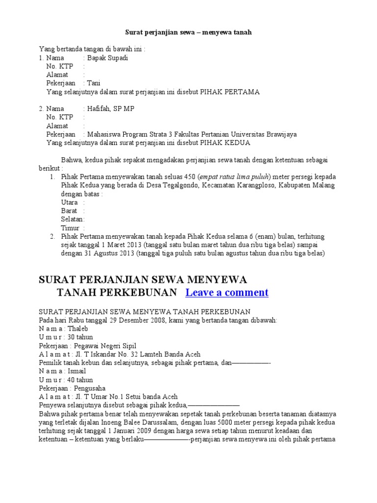 Contoh Perjanjian Sewa Menyewa Rumah Di Bawah Tangan 