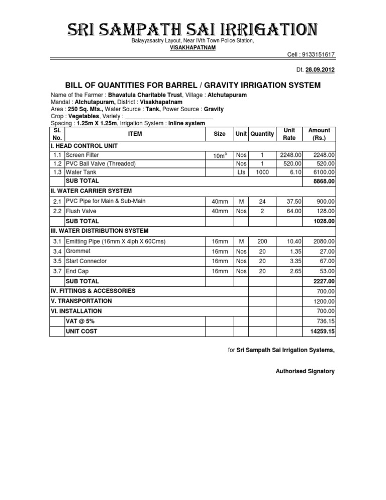 Drip Irrigation Quotation for Bhavatula Trust | PDF