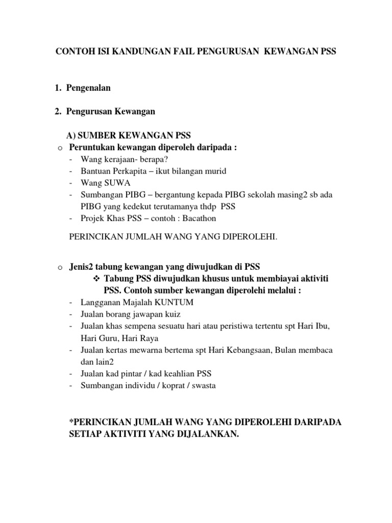Contoh Isi Kandungan Fail Pengurusan Kewangan Pss 1