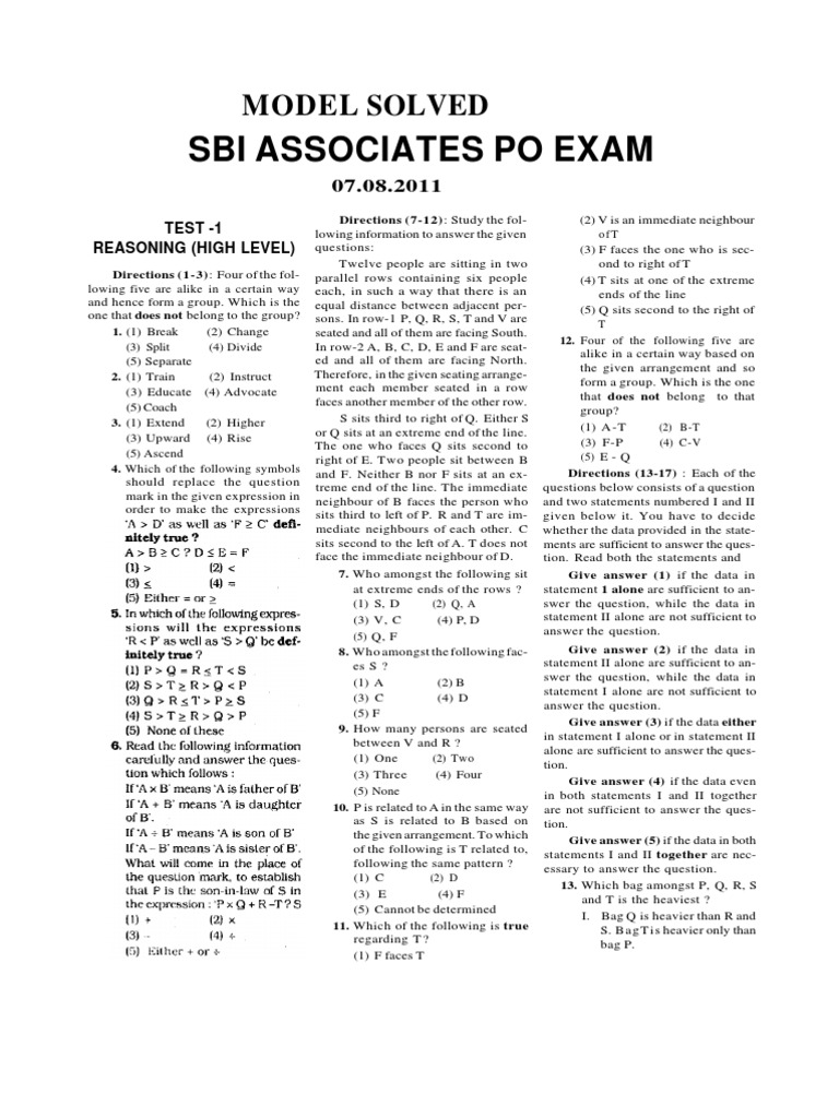 SBI Associate PO Exam 7.8.2011 Previous Year Question Paper | PDF