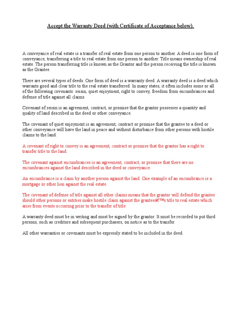 Accept Warranty Deed PDF Deed Covenant (Law)