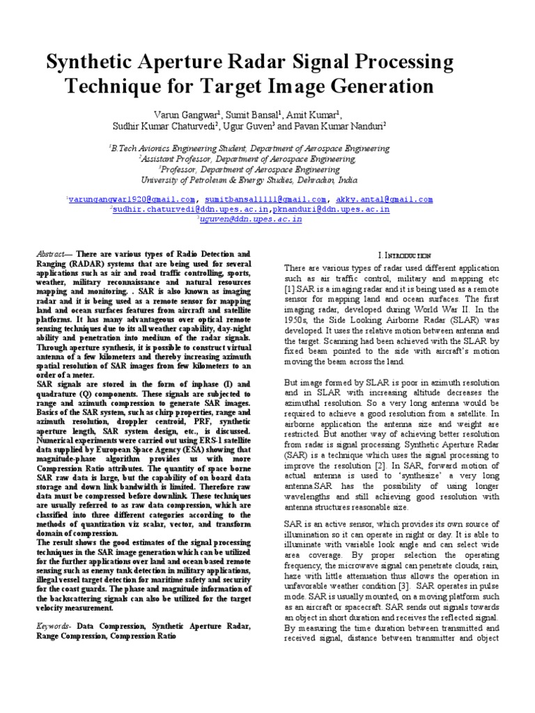 Synthetic Aperture Radar Signal Processing Technique For Target Image Generation PDF Remote