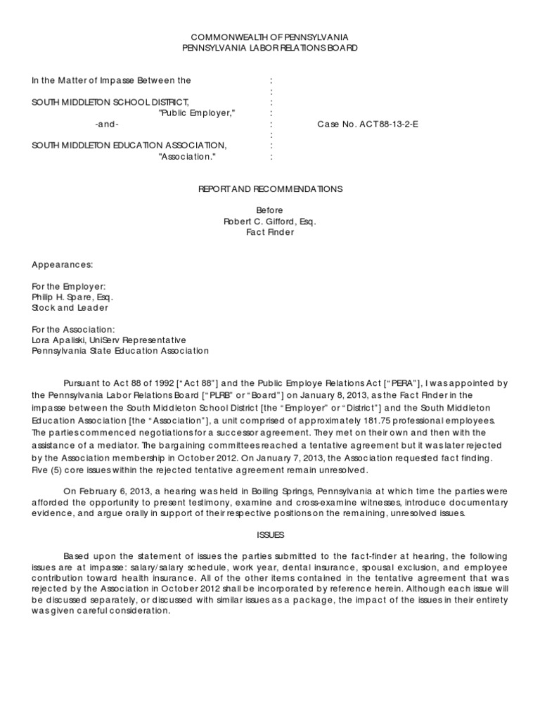 South Middleton School District, Teacher Contract Negotiation