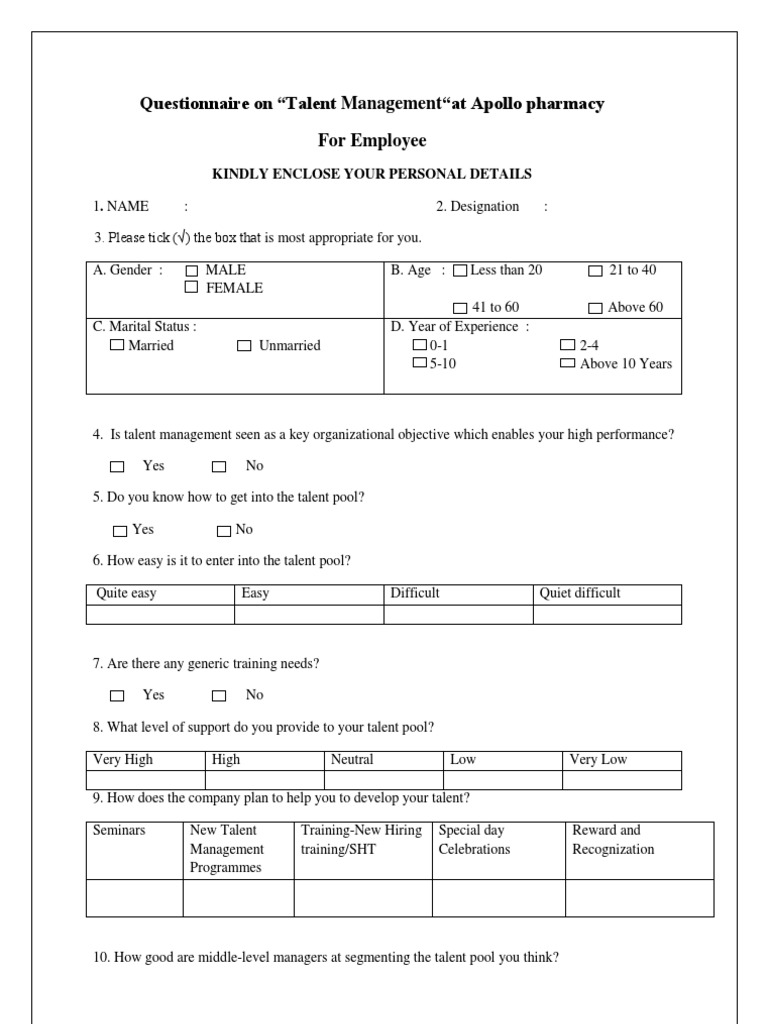 Talent Management Questionnaire at Apollo | PDF | Career & Growth