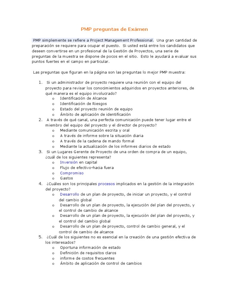 PMP Preguntas de Exámen | PDF | Profesional en el manejo de proyectos ...