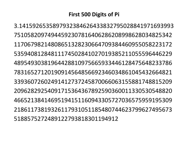 First 500 Digits of Pi PDF