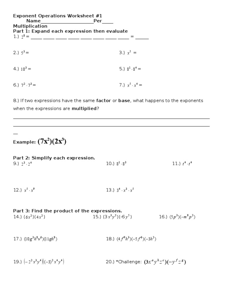 Exponent Operations Worksheet Series | PDF | Multiplication | Numbers