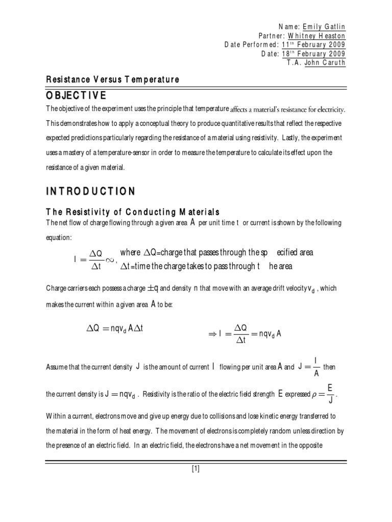 Resistance vs Temperature Experiment Lab Report Electrical Resistivity And Conductivity