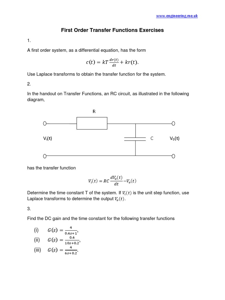 First Order Transfer Function Exercises Pdf
