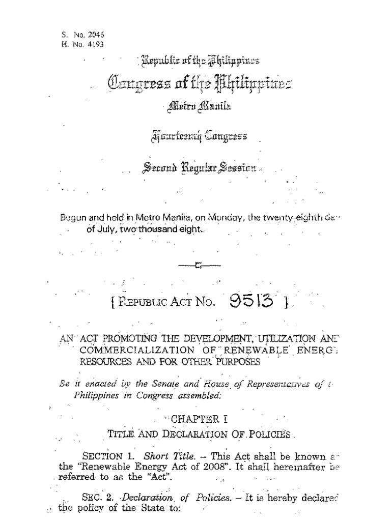 Republic Act No. 9513 Renewable Energy Act PDF Hydroelectricity