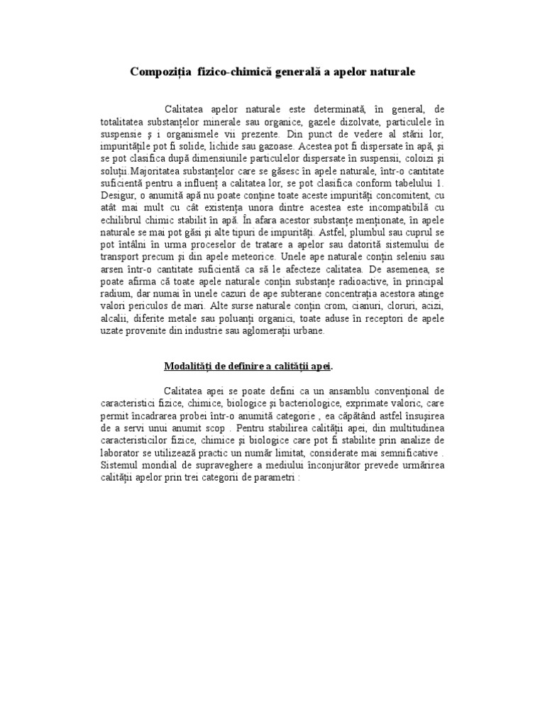 Compozitia Fizico Chimica A Apelor Naturale | PDF