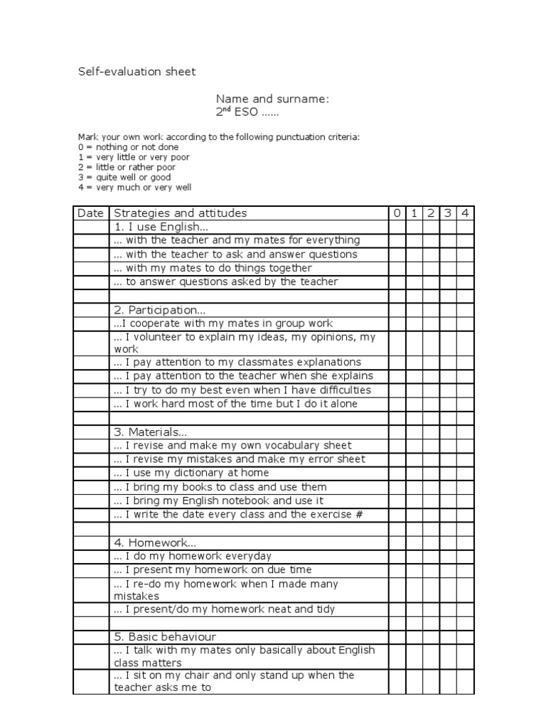 Self - Evaluation Sheet  PDF  Languages  Language Arts & Discipline