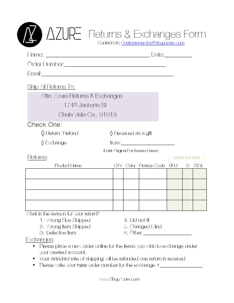Returns & Exchanges Form | PDF
