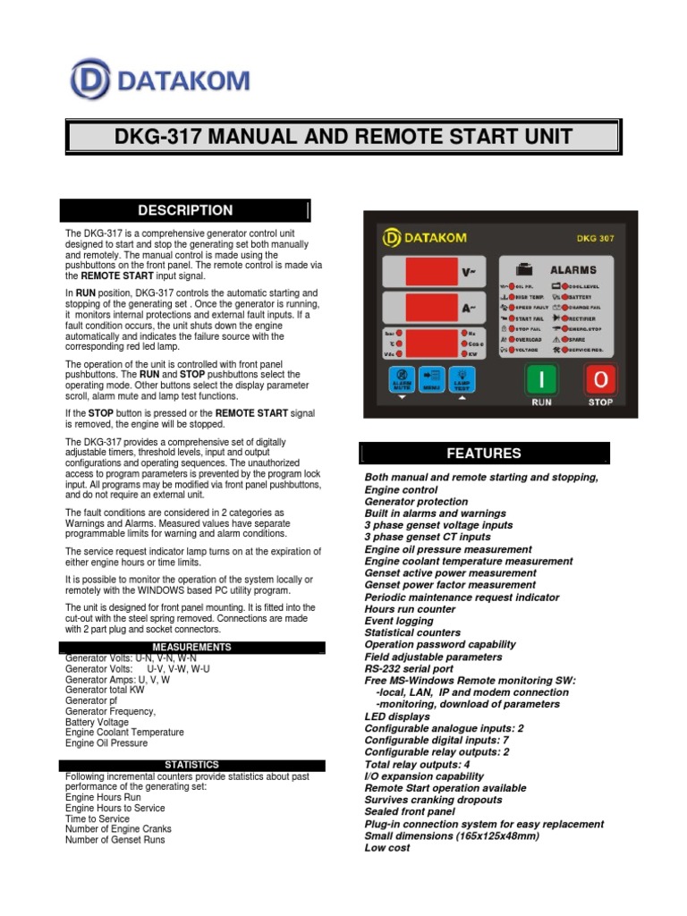 Dkg-317 Manual and Remote Start Unit: Description | PDF