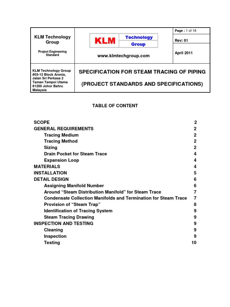 Project Standards and Specifications Piping Steam Tracing Rev01 | PDF ...