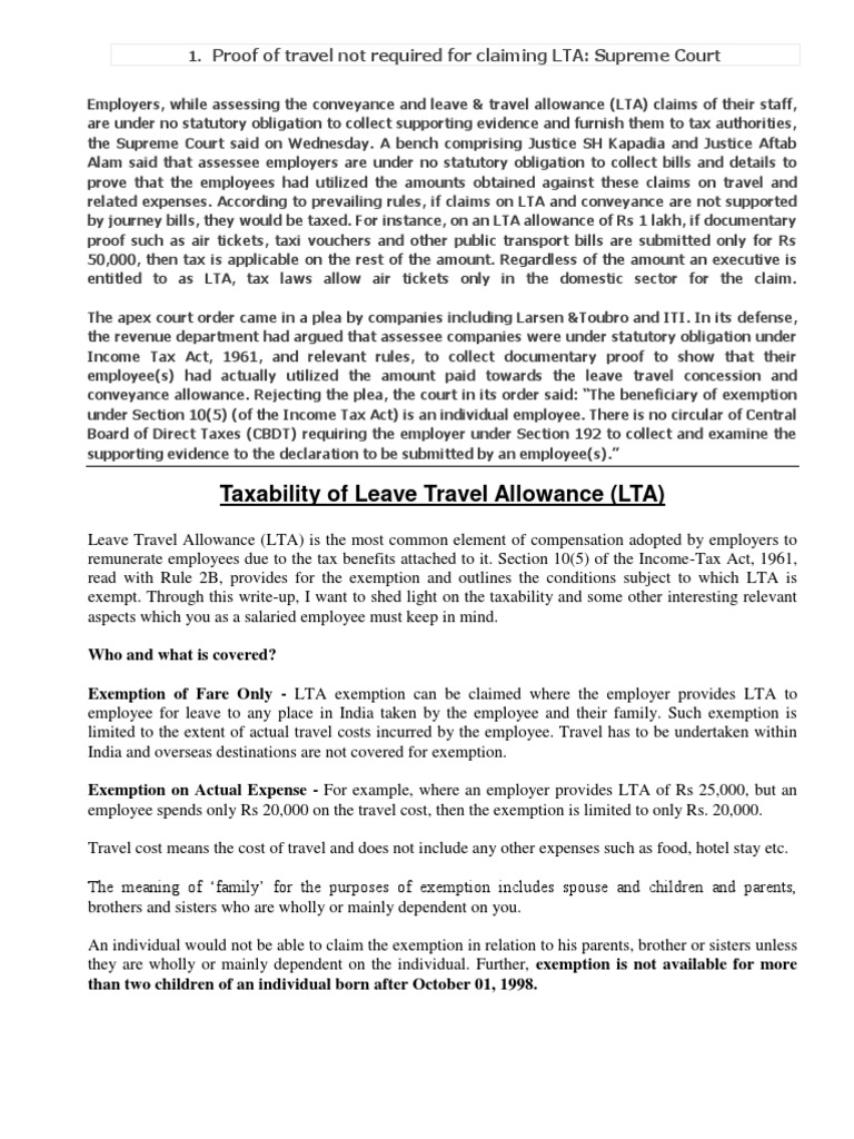 Proof of Travel Not Required for Claiming LTA Employee Benefits