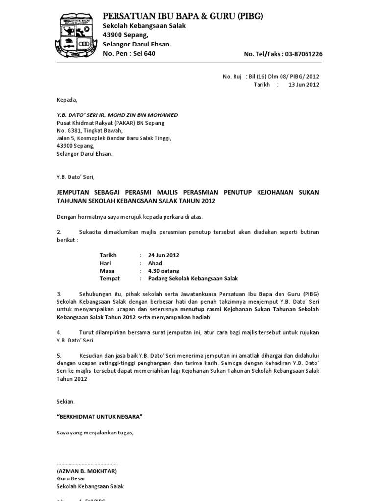 Contoh Surat Jemputan Mesyuarat Agong