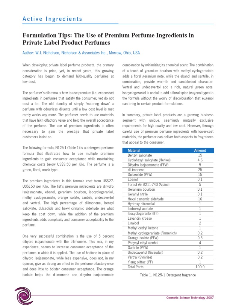 Premium Ingredients in Perfume Formulation | PDF | Perfumery | Perfume