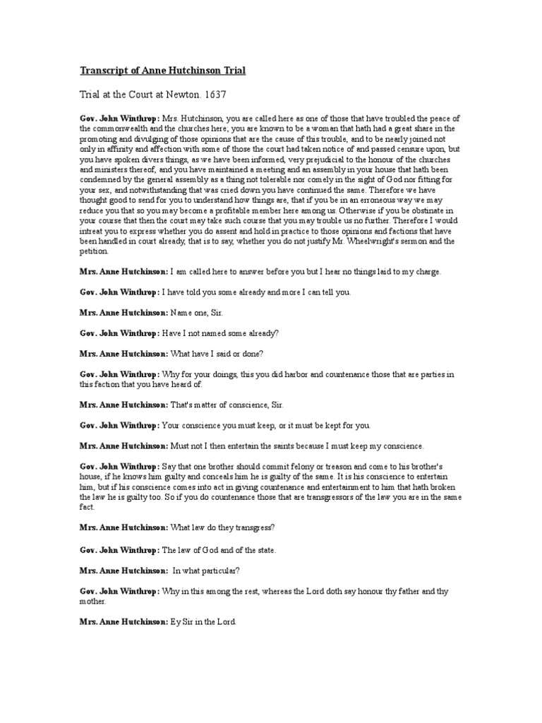 Anne Hutchinson Trial Transcript Excerpt | PDF | John Winthrop ...