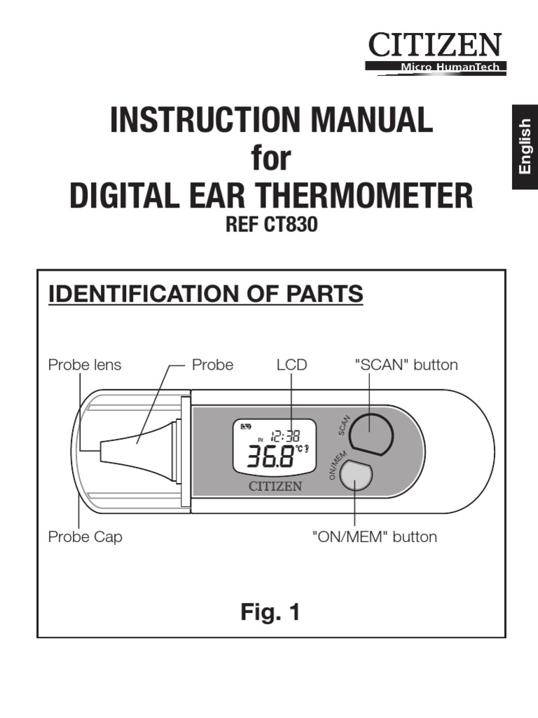 Instruction Manual For Digital Ear Thermometer: Identification of Parts ...