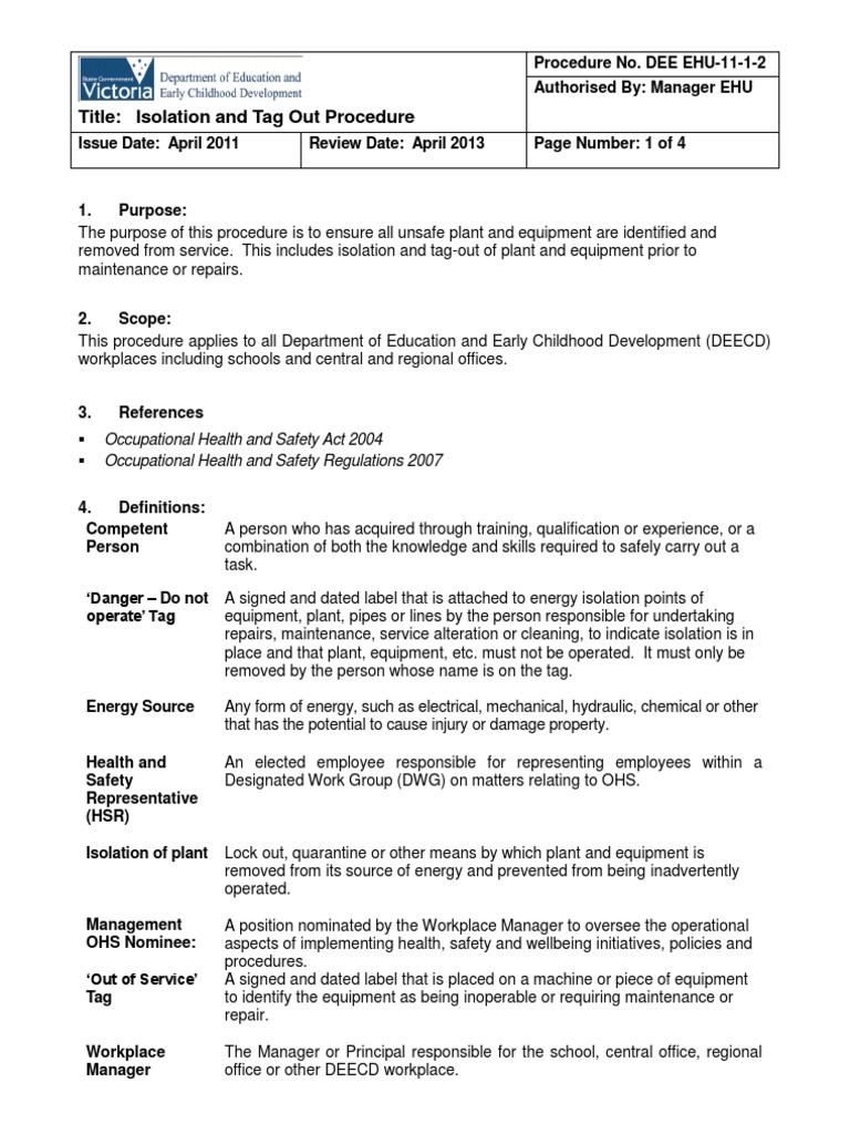 Isolation and Tag Out Guidelines | PDF | Occupational Safety And Health ...