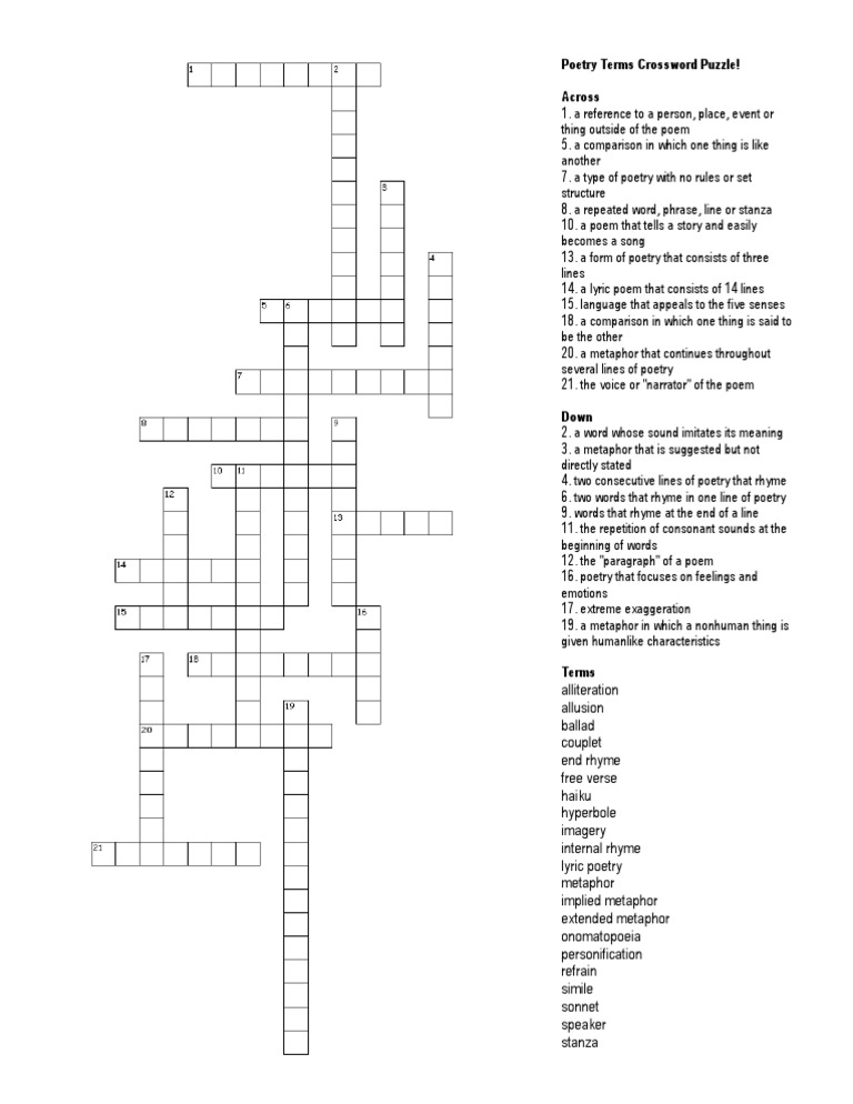 Poetry Terms Crossword Puzzle | Rhyme | Poetry | Prueba gratuita de 30