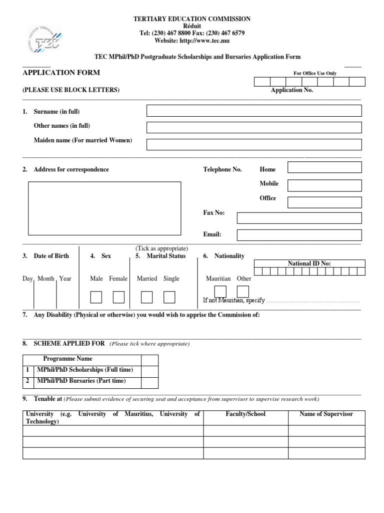 TEC Application form Doctor Of Philosophy Qualifications