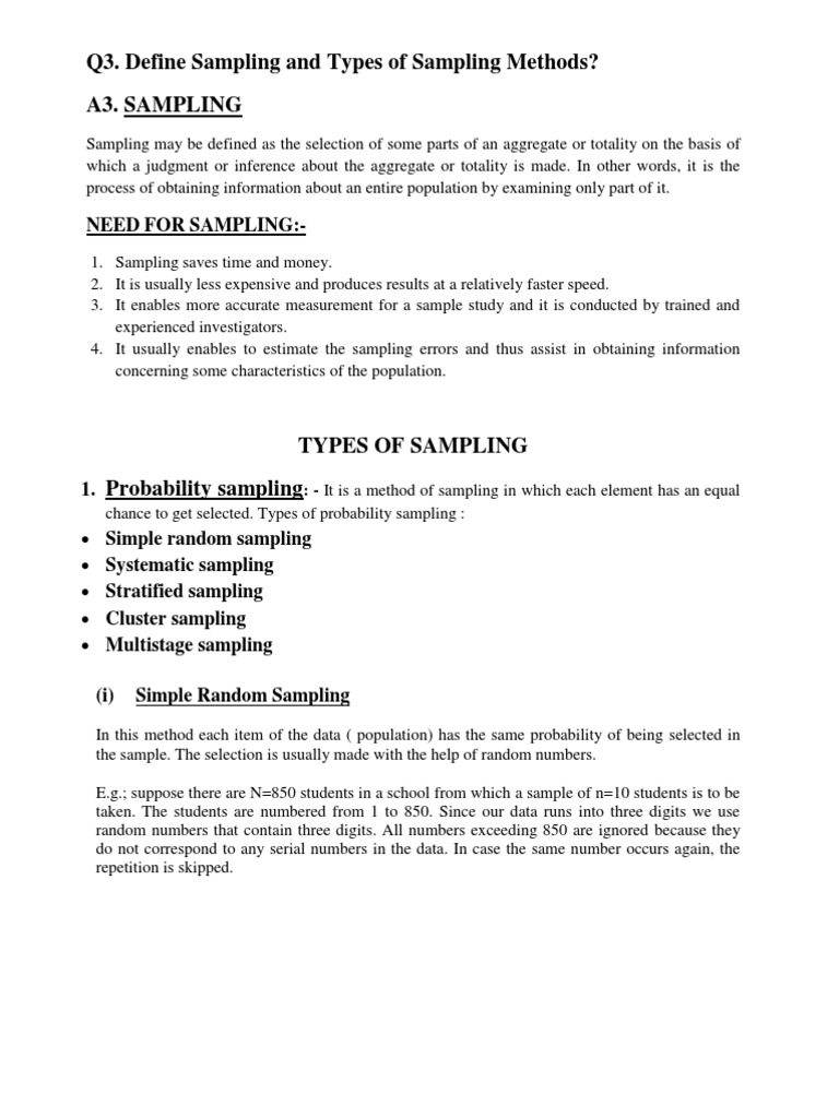 Q3. Define Sampling and Types of Sampling Methods? A3. Sampling PDF