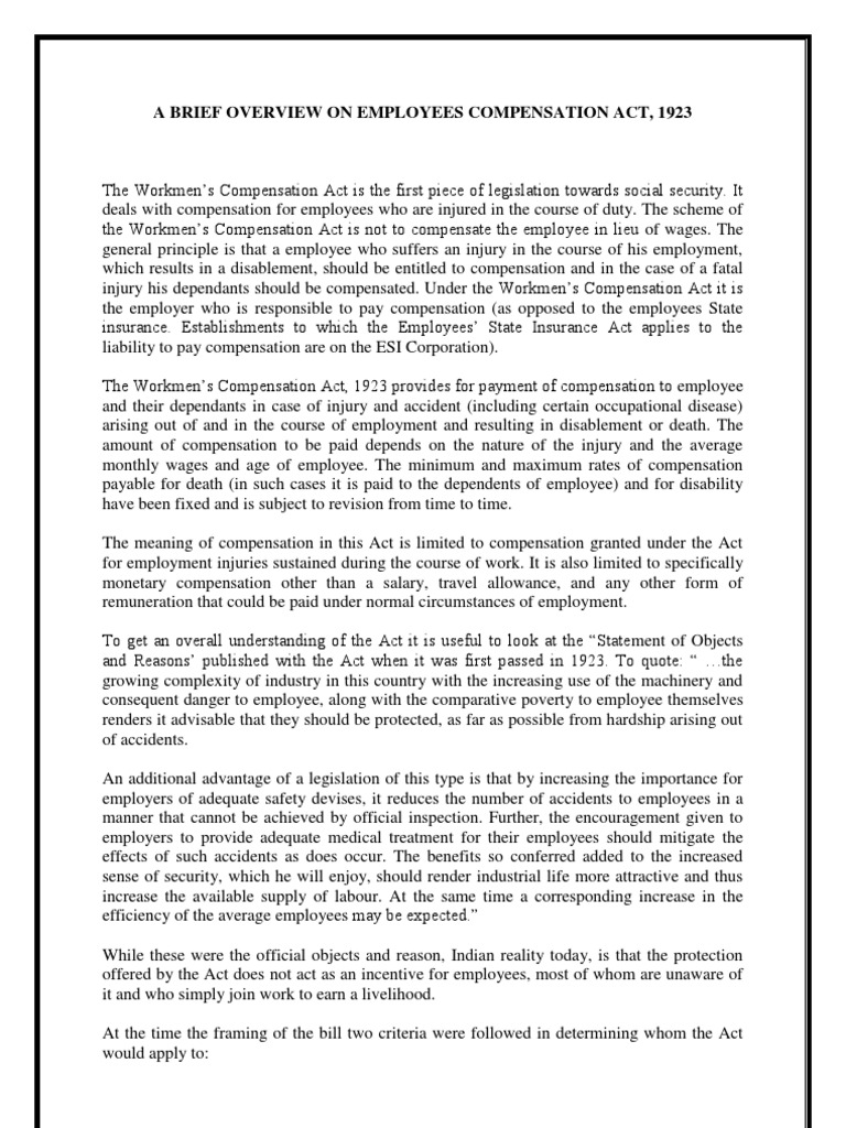Employees Compensation Act, 1923 Workers' Compensation Employment