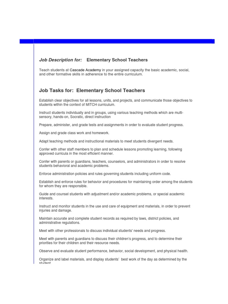 Job Description for Teachers Reading Comprehension Teachers