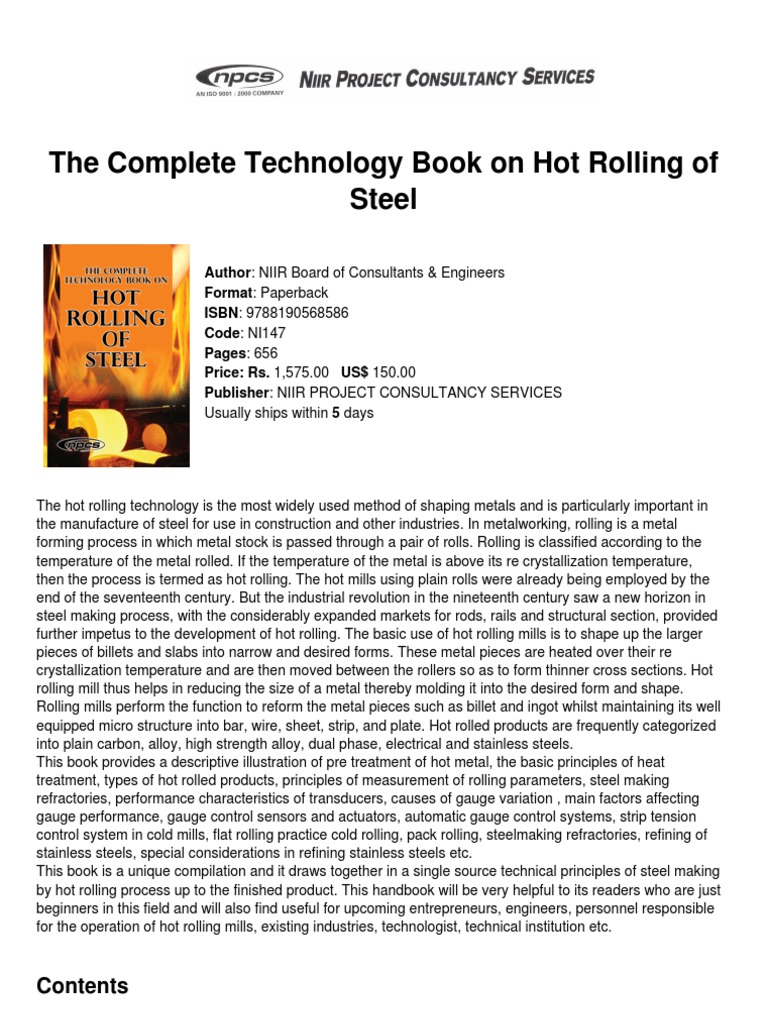 The Complete Technology Book On Hot Rolling of Steel | PDF | Rolling ...