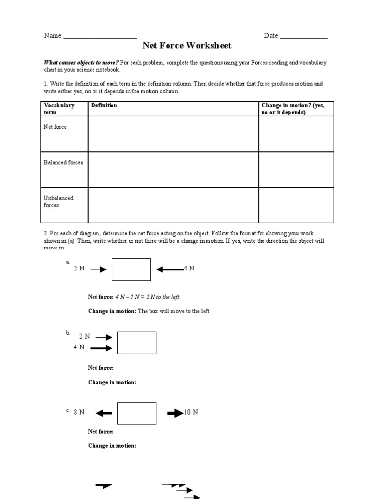 Net Force Worksheet