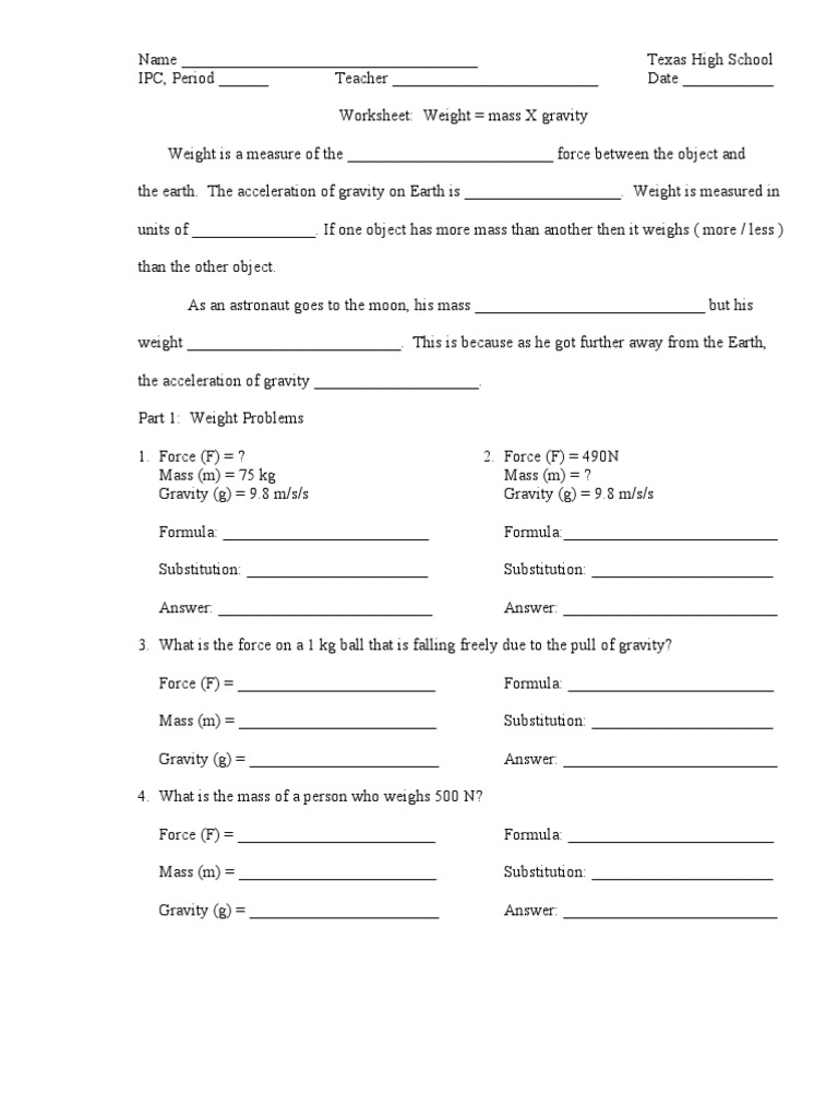 Worksheet - Force Mass X Gravity With Regard To Mass And Weight Worksheet