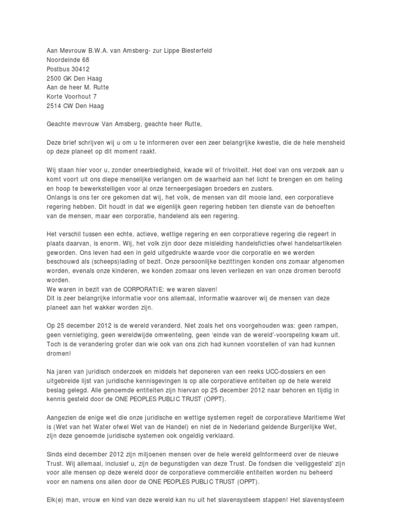Brief Aan de Koningin en de Minister President Betreffende de One
