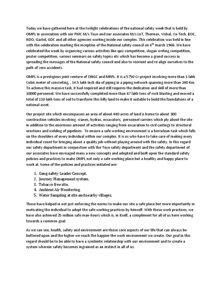 Safety Speech PDF Business