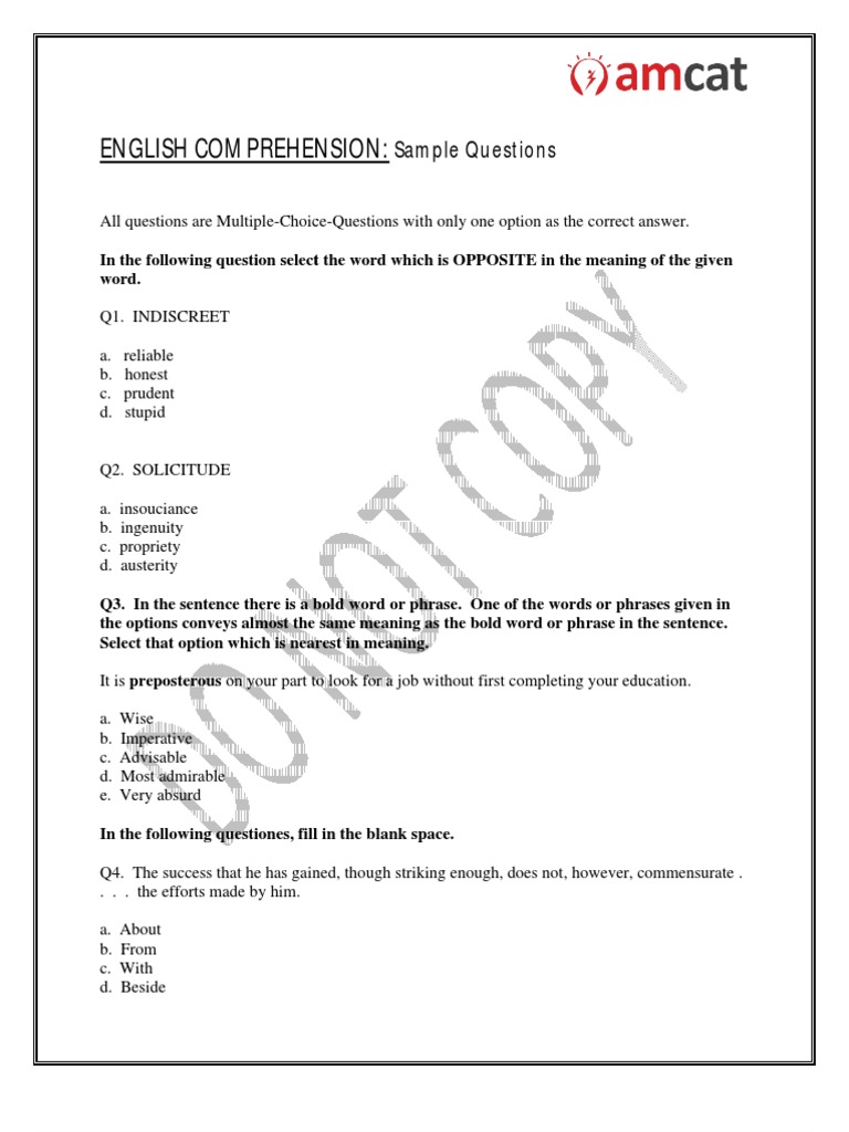 AMCAT English Comprehension Sample Questions | PDF | Argument | Leadership