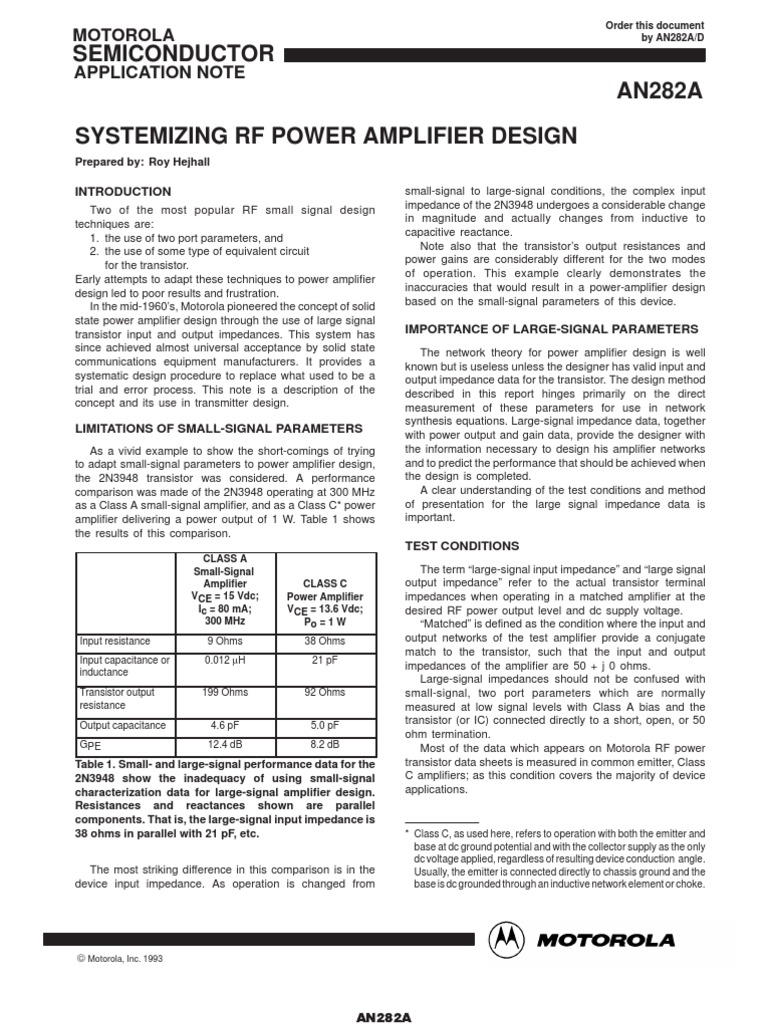 AN282 Systemizing RF Power Amplifier Design | PDF | Amplifier | Transistor