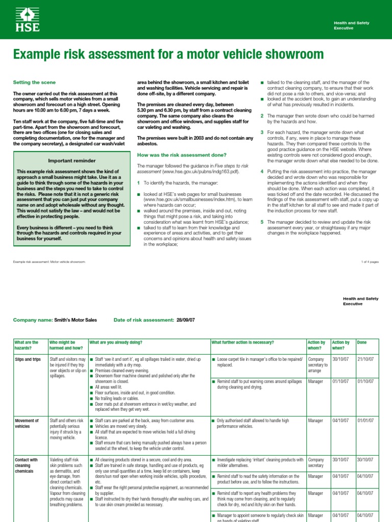 Example Risk Assessment for a Motor Vehicle Showroom Risk Assessment