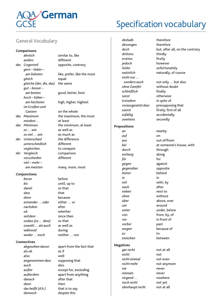 German GCSE Vocab List