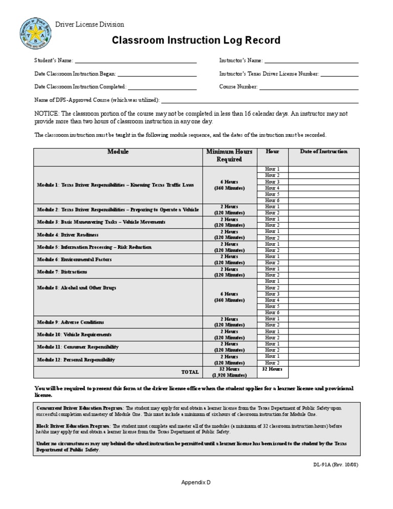 Dl 91a Classroom Instruction Log Record Driving Classroom