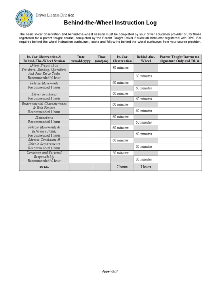DL 91B Behind the Wheel Instruction Log Driving Driver s License